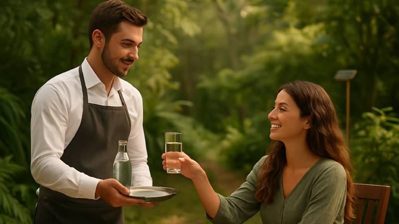 Blog Ambiental • Garçom serve água em garrafa de vidro a hóspede em jardim verde, simbolizando hospitalidade sustentável e cuidado ambiental.