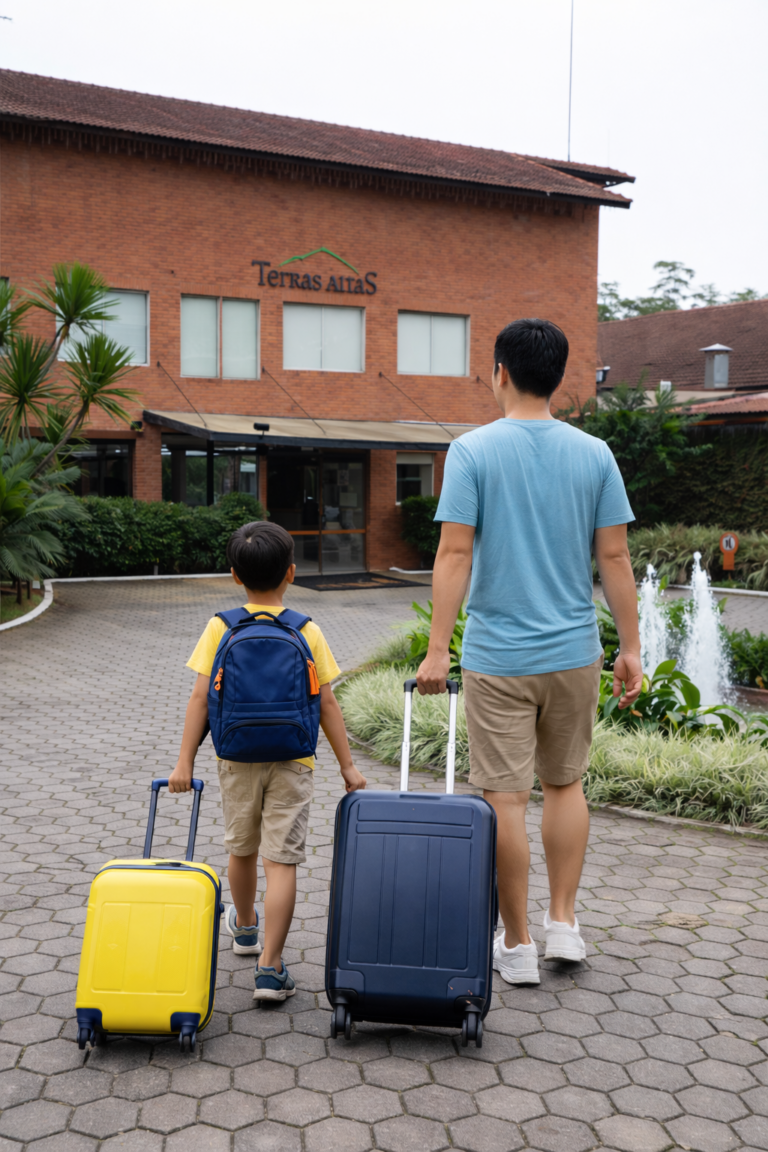 pai e filho chegando no hotel